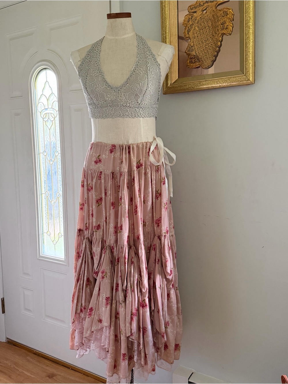 80’s Vintage Pink coquette cottagecore floral lace drape maxi skirt OS EUC